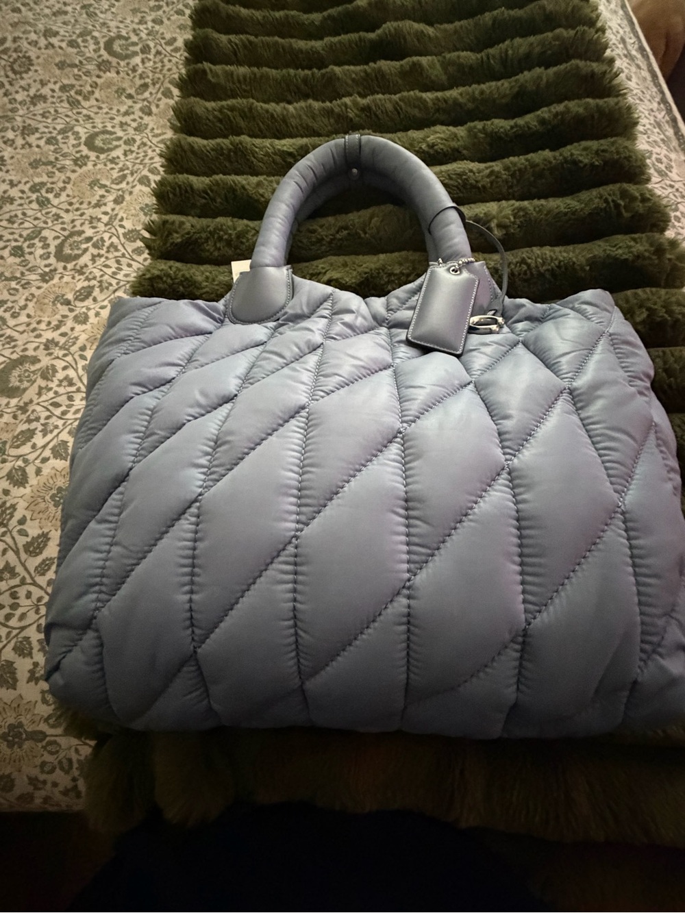 Coach Quilted Light Blue Puffer Tote with Padded Handles